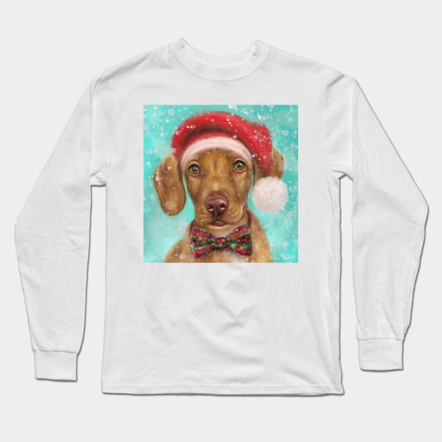 Painting of a Cute Christmas Vizsla Puppy with Red Santa Hat and a Festive Bow Tie Long Sleeve T-Shirt by ibadishi